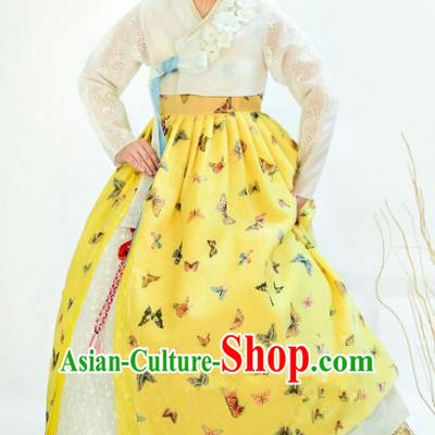 Traditional South Korean Handmade Hanbok Customization Bride Clothing Embroidery Blouse Yellow Dress, Top Grade Korea Wedding Royal Hanbok Costume for Women