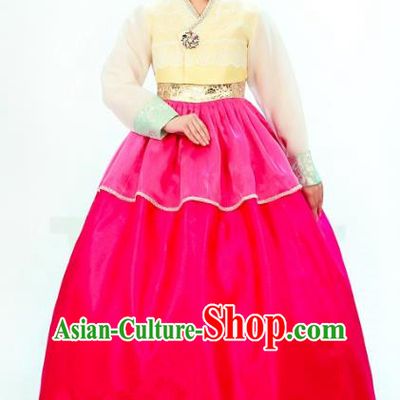 Traditional South Korean Handmade Hanbok Embroidery Bride Wedding Rosy Dress, Top Grade Korea Hanbok Palace Lady Costume Complete Set for Women