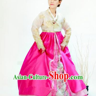 Traditional South Korean Handmade Hanbok Customization Bride Clothing Embroidery Blouse Rosy Dress, Top Grade Korea Wedding Royal Hanbok Costume for Women