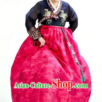 Traditional South Korean Handmade Hanbok Customization Bride Clothing Embroidery Blouse Printing Dress, Top Grade Korea Wedding Royal Hanbok Costume for Women