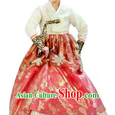 Traditional South Korean Handmade Hanbok Customization Bride Clothing Embroidery Blouse Red Dress, Top Grade Korea Wedding Royal Hanbok Costume for Women