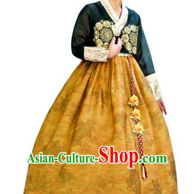 Traditional South Korean Handmade Hanbok Customization Mother Clothing Embroidery Blouse Ginger Dress, Top Grade Korea Wedding Royal Hanbok Costume for Women