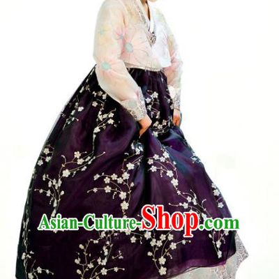 Traditional South Korean Handmade Hanbok Customization Mother Clothing Embroidery Blouse Purple Dress, Top Grade Korea Wedding Royal Hanbok Costume for Women