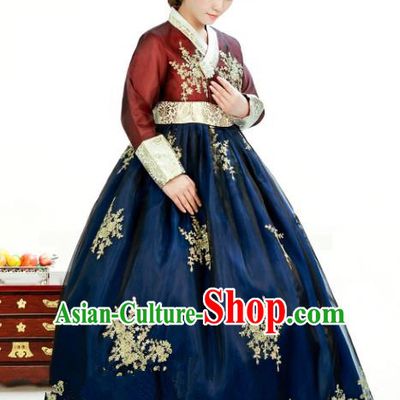 Traditional South Korean Handmade Hanbok Customization Mother Clothing Embroidery Blouse Peacock Blue Dress, Top Grade Korea Wedding Royal Hanbok Costume for Women