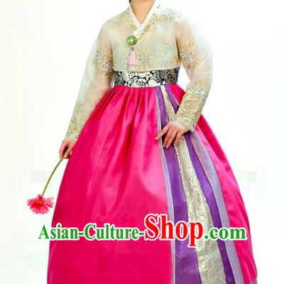 Traditional South Korean Handmade Hanbok Customization Mother Clothing Embroidery Blouse Rosy Dress, Top Grade Korea Wedding Royal Hanbok Costume for Women