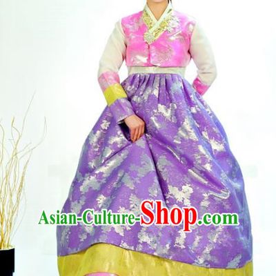 Traditional South Korean Handmade Hanbok Customization Mother Clothing Embroidery Blouse Purple Dress, Top Grade Korea Wedding Royal Hanbok Costume for Women