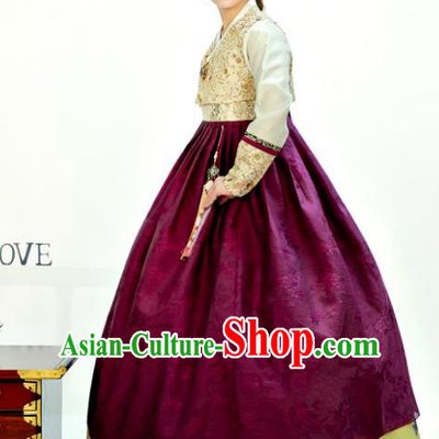 Traditional South Korean Handmade Hanbok Customization Mother Clothing Embroidery Blouse Amaranth Dress, Top Grade Korea Wedding Royal Hanbok Costume for Women