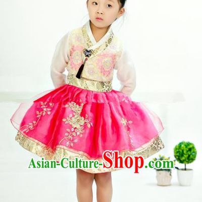 Traditional South Korean Handmade Hanbok Children Embroidery Birthday Rosy Bubble Dress, Top Grade Korea Hanbok Costume Complete Set for Kids
