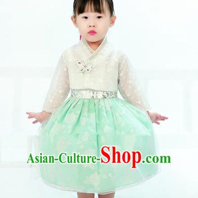 Traditional South Korean Handmade Hanbok Children Embroidery Birthday Green Dress, Top Grade Korea Hanbok Costume Complete Set for Kids