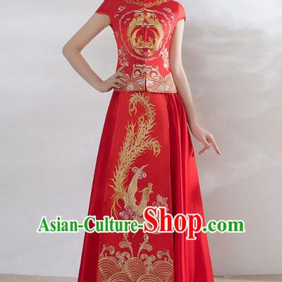 Traditional Ancient Chinese Wedding Costume Embroidery Short Sleeve Xiuhe Suits, Chinese Style Wedding Dress Red Restoring Longfeng Dragon and Phoenix Flown Bride Toast Cheongsam for Women