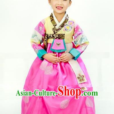 Traditional South Korean Handmade Hanbok Children Embroidery Birthday Pink Dress, Top Grade Korea Hanbok Costume Complete Set for Kids