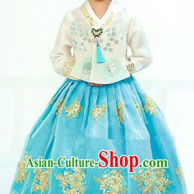 Traditional South Korean Handmade Hanbok Children Embroidery Birthday Blue Dress, Top Grade Korea Hanbok Costume Complete Set for Kids