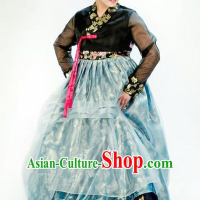 Traditional South Korean Handmade Mother Hanbok Customization Embroidery Clothing Blue Dress, Top Grade Korea Royal Hanbok Costume for Women