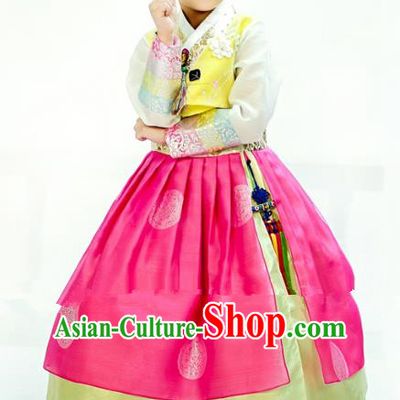 Traditional South Korean Handmade Hanbok Children Embroidery Birthday Rosy Dress, Top Grade Korea Hanbok Costume Complete Set for Kids