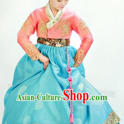 Traditional South Korean Handmade Mother Hanbok Customization Clothing Embroidery Blue Dress, Top Grade Korea Royal Hanbok Costume for Women
