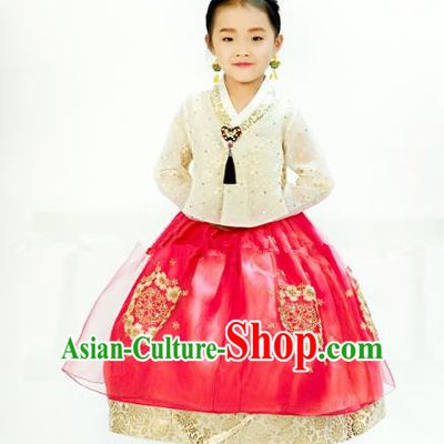Traditional South Korean Handmade Hanbok Children Embroidery Birthday Red Dress, Top Grade Korea Hanbok Costume Complete Set for Kids