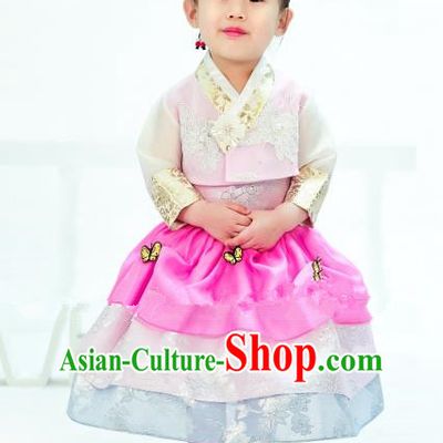 Traditional South Korean Handmade Hanbok Children Embroidery Birthday Pink Dress, Top Grade Korea Hanbok Costume Complete Set for Kids