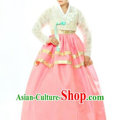 Traditional South Korean Handmade Hanbok Embroidery Pink Wedding Full Dress, Top Grade Korea Hanbok Bride Costume Complete Set for Women