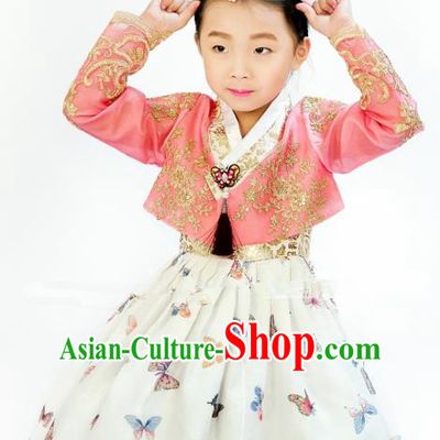 Traditional South Korean Handmade Hanbok Children Printing Butterfly Birthday Dress, Top Grade Korea Hanbok Costume Complete Set for Kids
