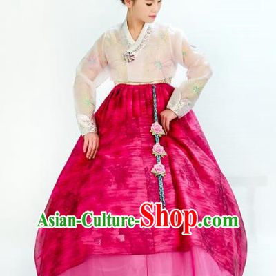 Traditional South Korean Handmade Hanbok Embroidery Wedding Rosy Dress, Top Grade Korea Hanbok Bride Costume Complete Set for Women