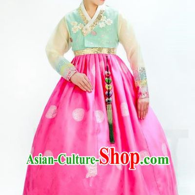 Traditional South Korean Handmade Hanbok Embroidery Wedding Pink Dress, Top Grade Korea Hanbok Bride Royal Costume Complete Set for Women