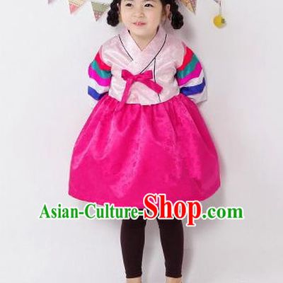 Traditional South Korean Handmade Hanbok Children Pink Birthday Dress, Top Grade Korea Hanbok Costume Complete Set for Kids