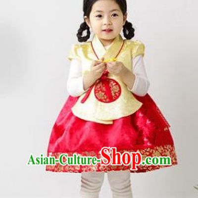 Traditional South Korean Handmade Hanbok Children Red Birthday Dress, Top Grade Korea Hanbok Costume Complete Set for Kids