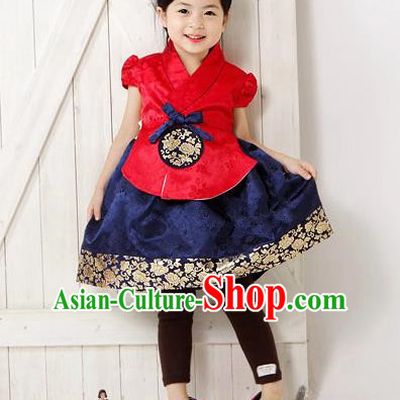 Traditional South Korean Handmade Hanbok Children Navy Birthday Dress, Top Grade Korea Hanbok Costume Complete Set for Kids