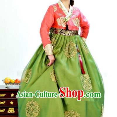 Traditional South Korean Handmade Hanbok Embroidery Green Wedding Full Dress, Top Grade Korea Hanbok Bride Costume Complete Set for Women