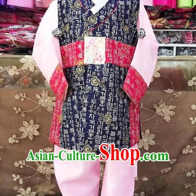 Traditional South Korean Handmade Hanbok Children Navy Birthday Dress, Top Grade Korea Hanbok Costume Complete Set for Boys