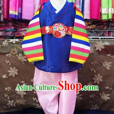 Traditional South Korean Handmade Hanbok Children Navy Birthday Clothing, Top Grade Korea Hanbok Costume Complete Set for Boys