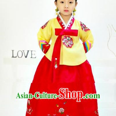 Traditional South Korean Handmade Hanbok Children Birthday Yellow Blouse Dress, Top Grade Korea Hanbok Costume Complete Set for Girls