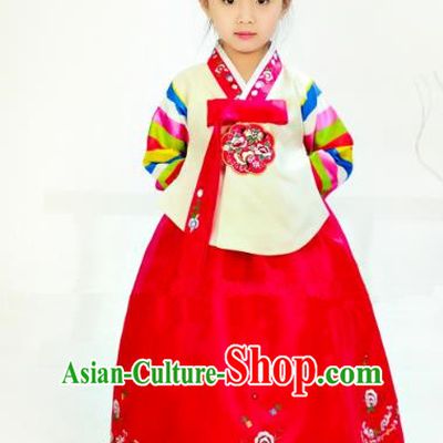 Traditional South Korean Handmade Hanbok Children Birthday Embroidery Beige Blouse Dress, Top Grade Korea Hanbok Costume Complete Set for Girls