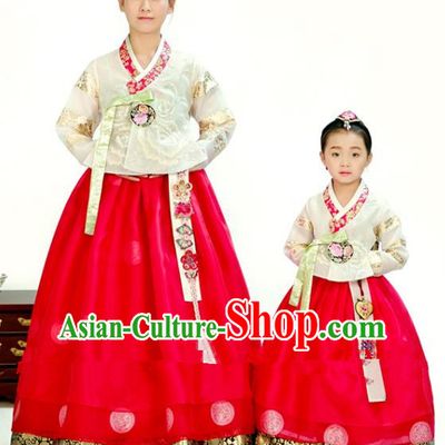 Traditional South Korean Handmade Hanbok Embroidery Red Clothing, Top Grade Korea Hanbok Costume Complete Set for Women for Kids