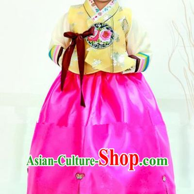 Traditional South Korean Handmade Hanbok Children Birthday Embroidery Beige Blouse Pink Dress, Top Grade Korea Hanbok Costume Complete Set for Girls