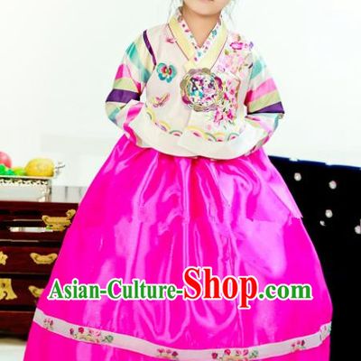 Traditional South Korean Handmade Hanbok Children Birthday Embroidery Beige Blouse Rosy Dress, Top Grade Korea Hanbok Costume Complete Set for Girls
