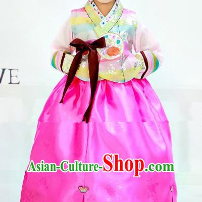 Traditional South Korean Handmade Hanbok Children Birthday Beige Blouse Rosy Dress, Top Grade Korea Hanbok Costume Complete Set for Girls