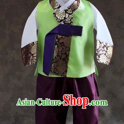 Traditional South Korean Handmade Hanbok Children Baby Birthday Customization Green Clothing, Top Grade Korea Hanbok Costume Complete Set for Boys