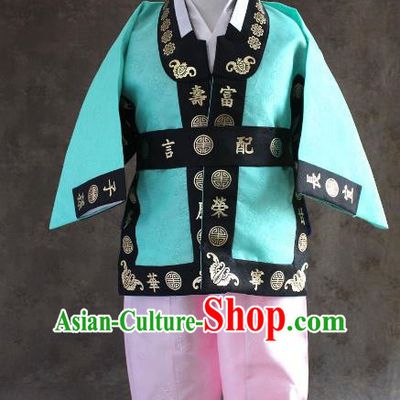 Traditional South Korean Handmade Hanbok Children Baby Birthday Customization Blue Clothing, Top Grade Korea Hanbok Costume Complete Set for Boys