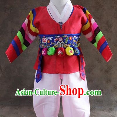 Traditional South Korean Handmade Hanbok Children Baby Birthday Customization Red Clothing and Embroidery Belt, Top Grade Korea Hanbok Costume Complete Set for Boys