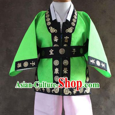 Traditional South Korean Handmade Hanbok Children Baby Birthday Customization Green Uniform and Embroidery Belt, Top Grade Korea Hanbok Costume Complete Set for Boys