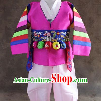 Traditional South Korean Handmade Hanbok Children Baby Birthday Customization Rosy Clothing and Embroidery Belt, Top Grade Korea Hanbok Costume Complete Set for Boys
