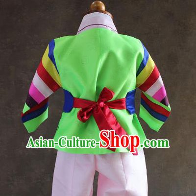 Traditional South Korean Handmade Hanbok Children Baby Birthday Customization Green Clothing and Embroidery Belt, Top Grade Korea Hanbok Costume Complete Set for Boys