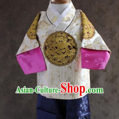 Traditional South Korean Handmade Hanbok Children Baby Birthday Customization Embroidery Dragon Clothing, Top Grade Korea Hanbok Costume Complete Set for Boys