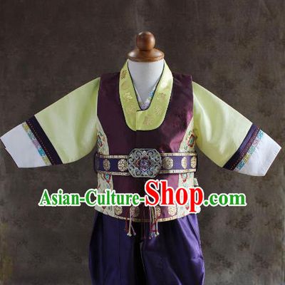 Traditional South Korean Handmade Hanbok Children Baby Birthday Customization Embroidery Purple Clothing, Top Grade Korea Hanbok Costume Complete Set for Boys