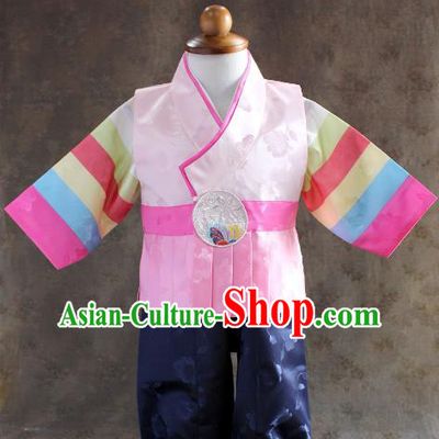 Traditional South Korean Handmade Hanbok Children Little Boys Birthday Customization Pink Clothing, Top Grade Korea Hanbok Costume Complete Set for Kids