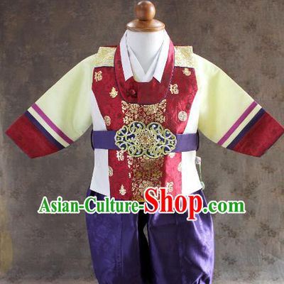 Traditional South Korean Handmade Hanbok Children Little Boys Birthday Customization Shirt and Pants, Top Grade Korea Hanbok Costume Complete Set for Kids