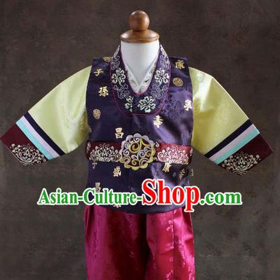 Traditional South Korean Handmade Hanbok Children Little Boys Birthday Customization Purple Shirt and Pants, Top Grade Korea Hanbok Costume Complete Set for Kids