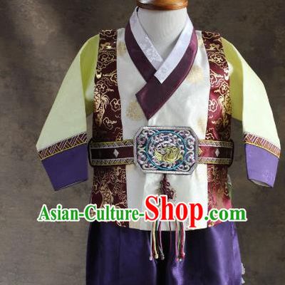 Traditional South Korean Handmade Hanbok Children Little Boys Birthday Customization Embroidery Vest Shirt and Pants, Top Grade Korea Hanbok Costume Complete Set for Kids