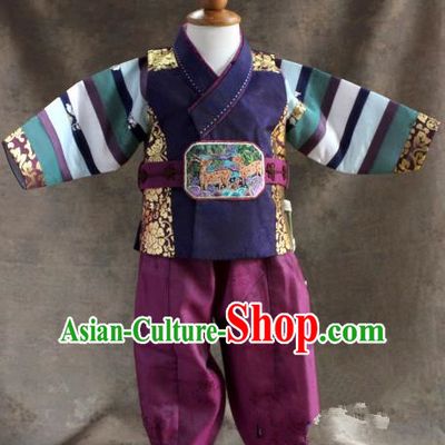 Traditional South Korean Handmade Hanbok Children Little Boys Birthday Customization Embroidery Belt Shirt and Pants, Top Grade Korea Hanbok Costume Complete Set for Kids